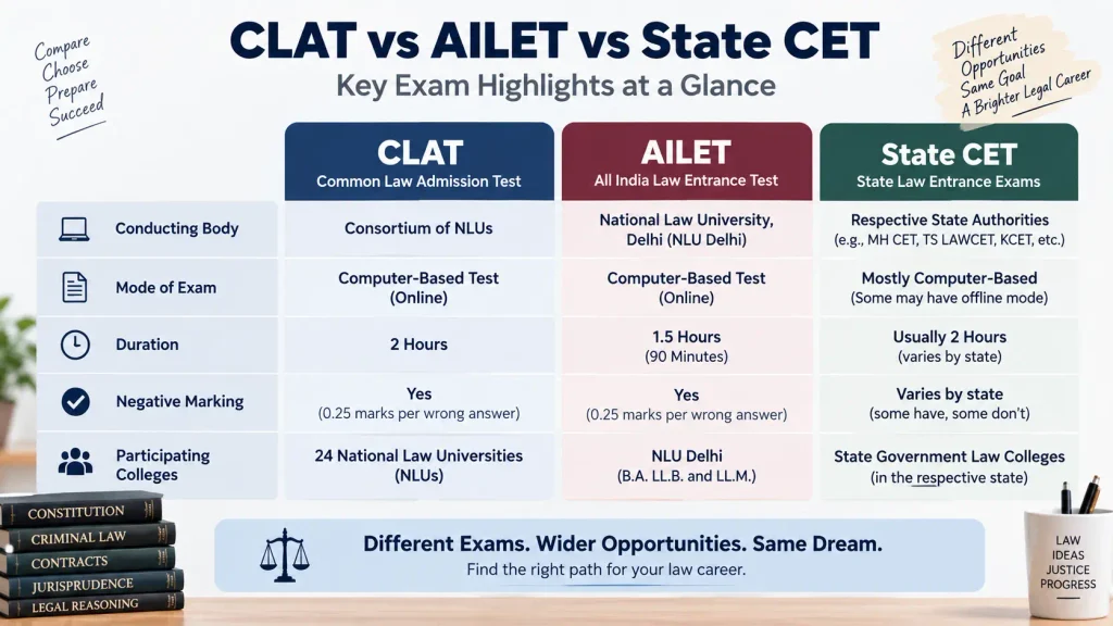 Comparison infographic of CLAT, AILET and state law CET exams