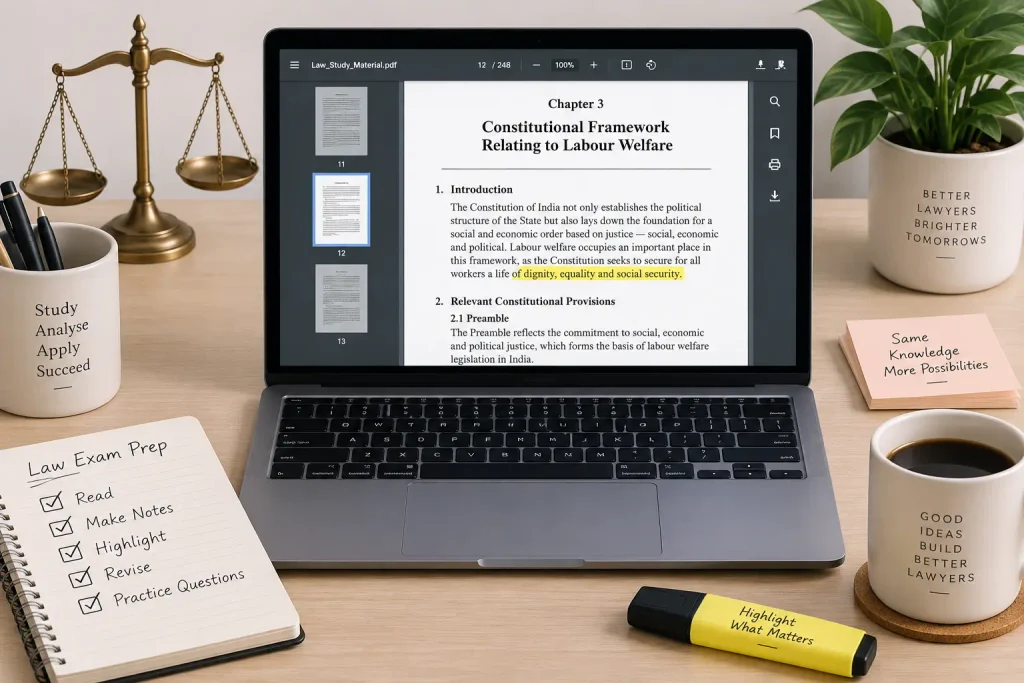 Laptop screen showing a law study PDF document open for revision