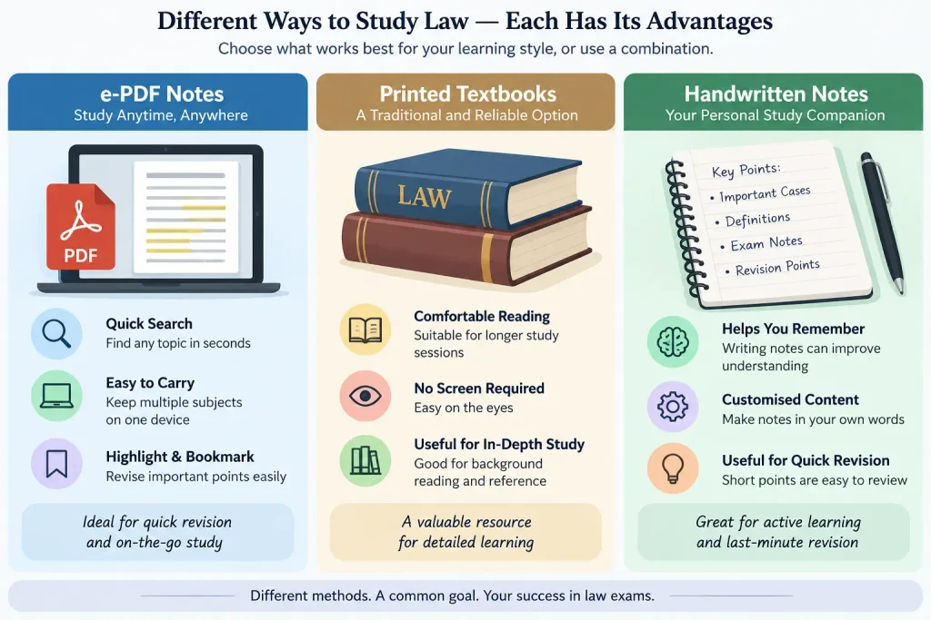 Visual comparison of PDF notes, printed textbooks, and handwritten notes for law exam study