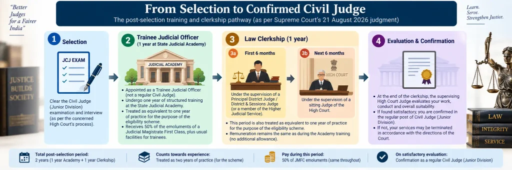 Flowchart showing the Trainee Judicial Officer training and Law Clerkship path after JCJ selection
